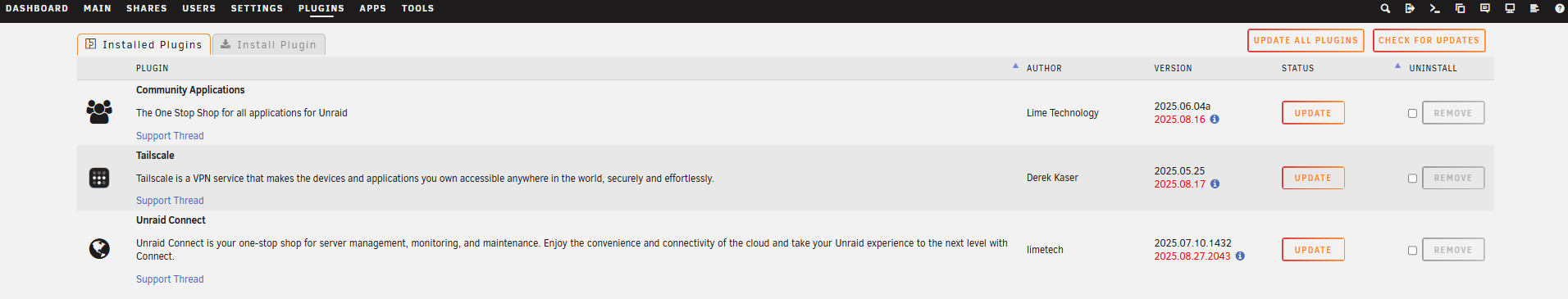 Plugins tab